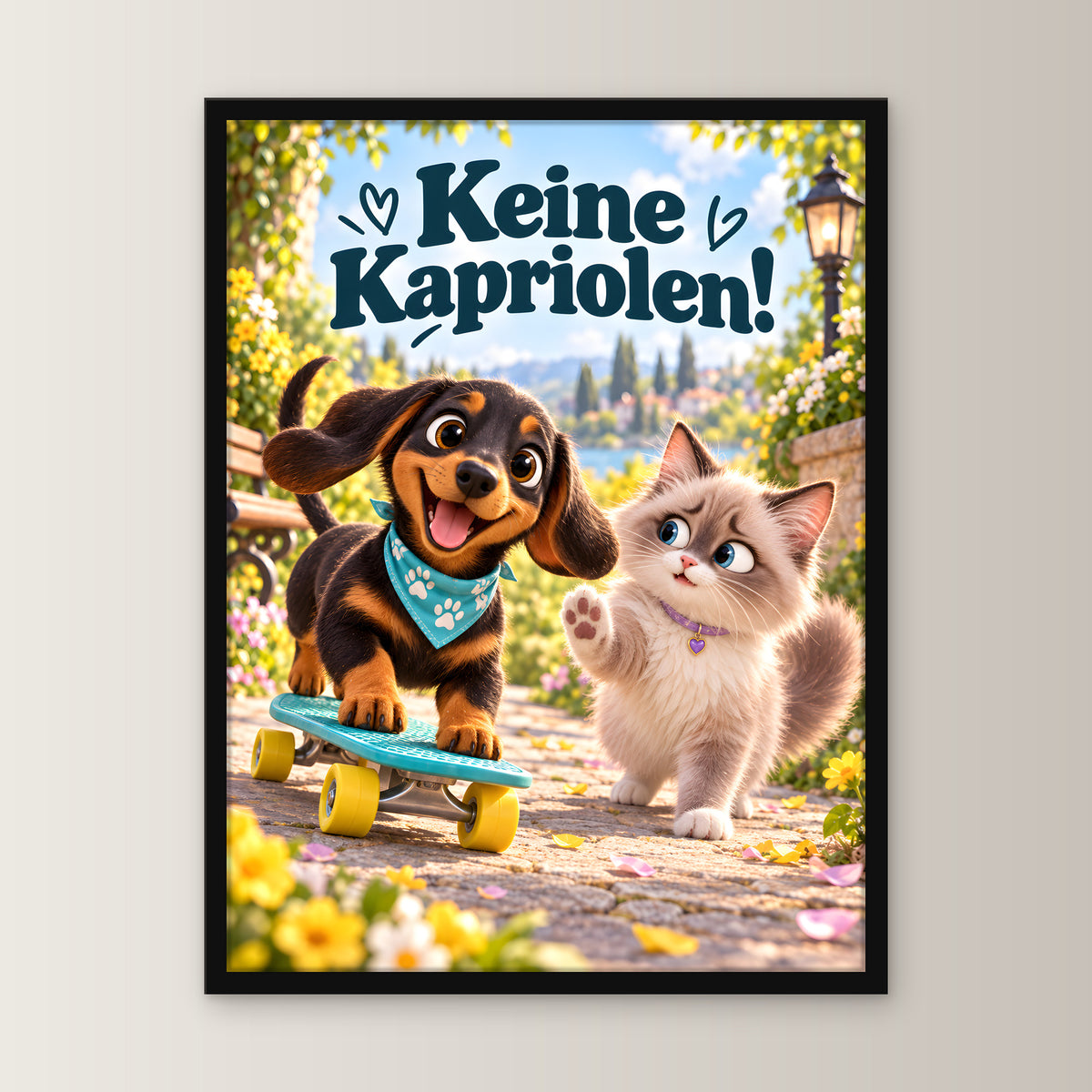 Kleiner Rollbrettheld – Gerahmtes Dackelbild – Frontalansicht im schwarzen Holzrahmen, ohne Passepartout; M 30×40, L 45×60 und XL 60×80 cm.