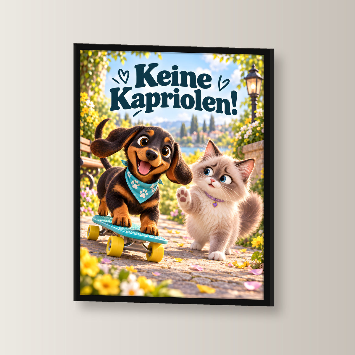 Kleiner Rollbrettheld – Gerahmtes Dackelbild. Spruch: Keine Kapriolen! Schwarzer Rahmen ohne Passepartout. 2 WINKEL. 30×40 cm.