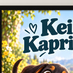 Kleiner Rollbrettheld – Gerahmtes Dackelbild. Spruch: Keine Kapriolen! Schwarzer Rahmen ohne Passepartout. 4 RAHMENDETAIL. 30×40 cm.