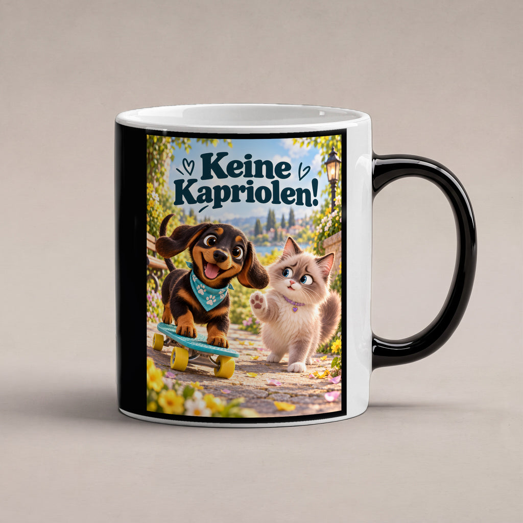Kleiner Rollbrettheld – Dackeltasse mit Spruch. Spruch: Keine Kapriolen! Beidseitige Motivansicht. 1 STUDIO HEISS. Zaubertasse: Wärmeeffekt.
