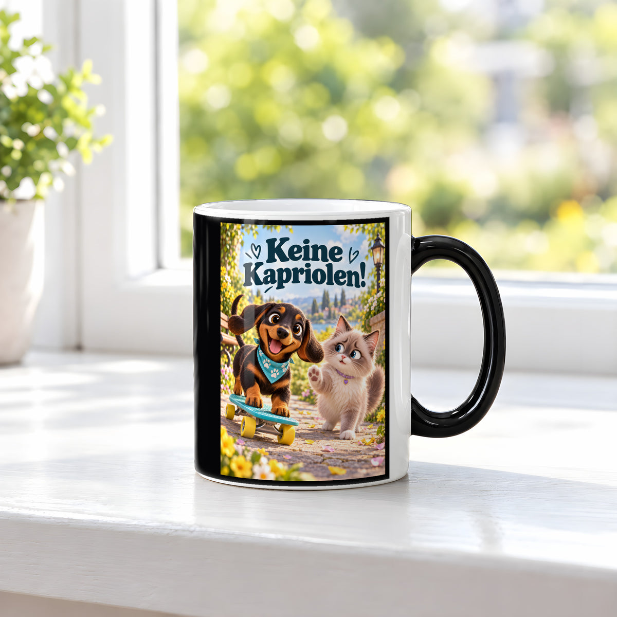 Kleiner Rollbrettheld – Dackeltasse mit Spruch. Spruch: Keine Kapriolen! Beidseitige Motivansicht. 3 FENSTER HEISS. Zaubertasse: Wärmeeffekt.