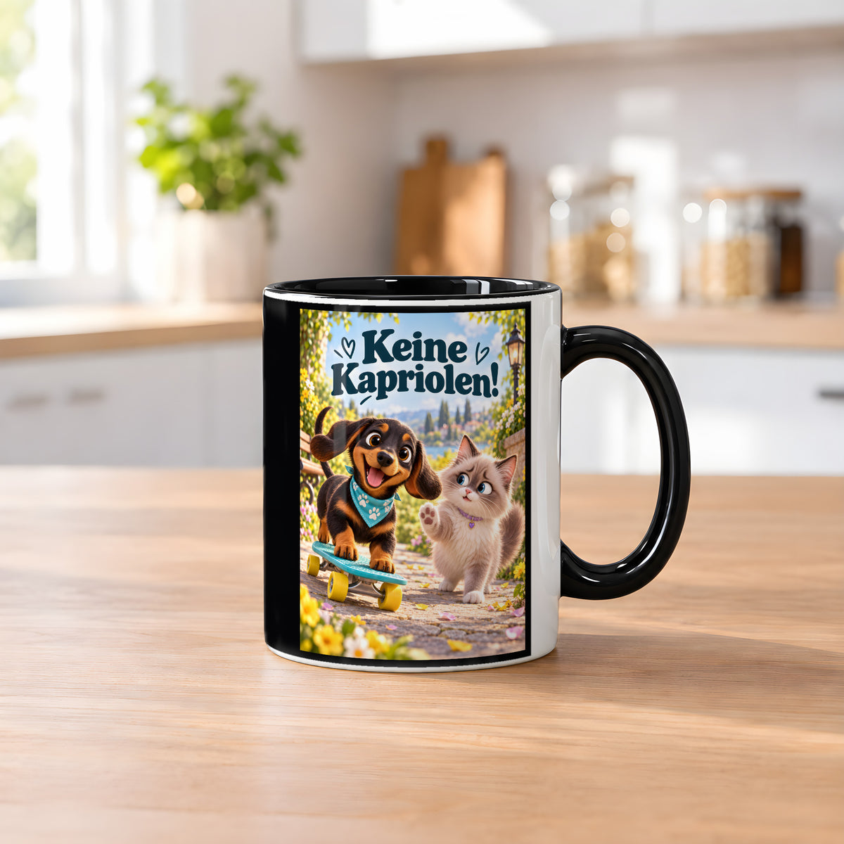 Kleiner Rollbrettheld – Dackeltasse mit Spruch. Spruch: Keine Kapriolen! Beidseitige Motivansicht. 2 KUECHE. Innen schwarz.