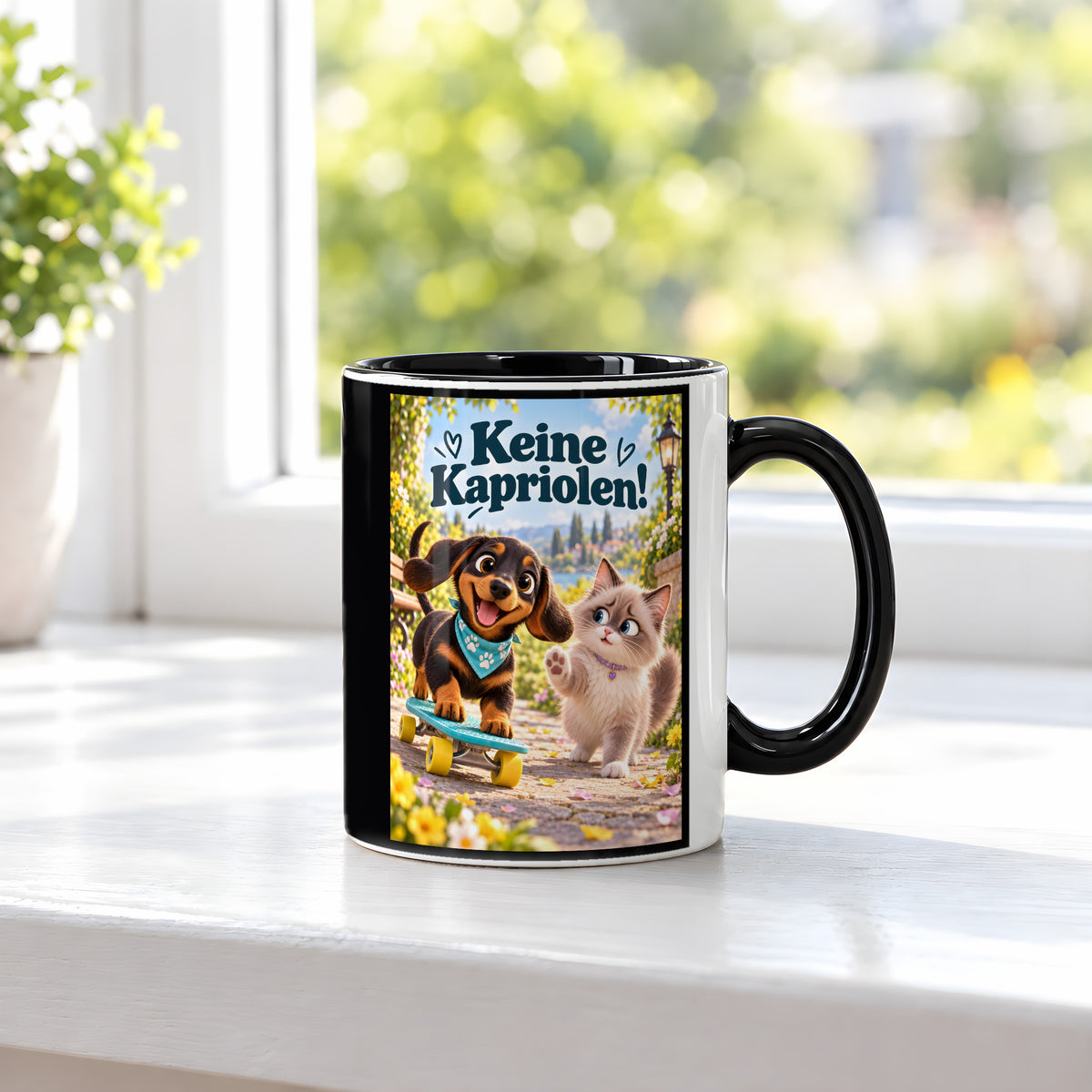 Kleiner Rollbrettheld – Dackeltasse mit Spruch. Spruch: Keine Kapriolen! Beidseitige Motivansicht. 3 FENSTER. Innen schwarz.