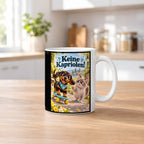 Kleiner Rollbrettheld – Dackeltasse mit Spruch. Spruch: Keine Kapriolen! Beidseitige Motivansicht. 2 KUECHE. Weiß.
