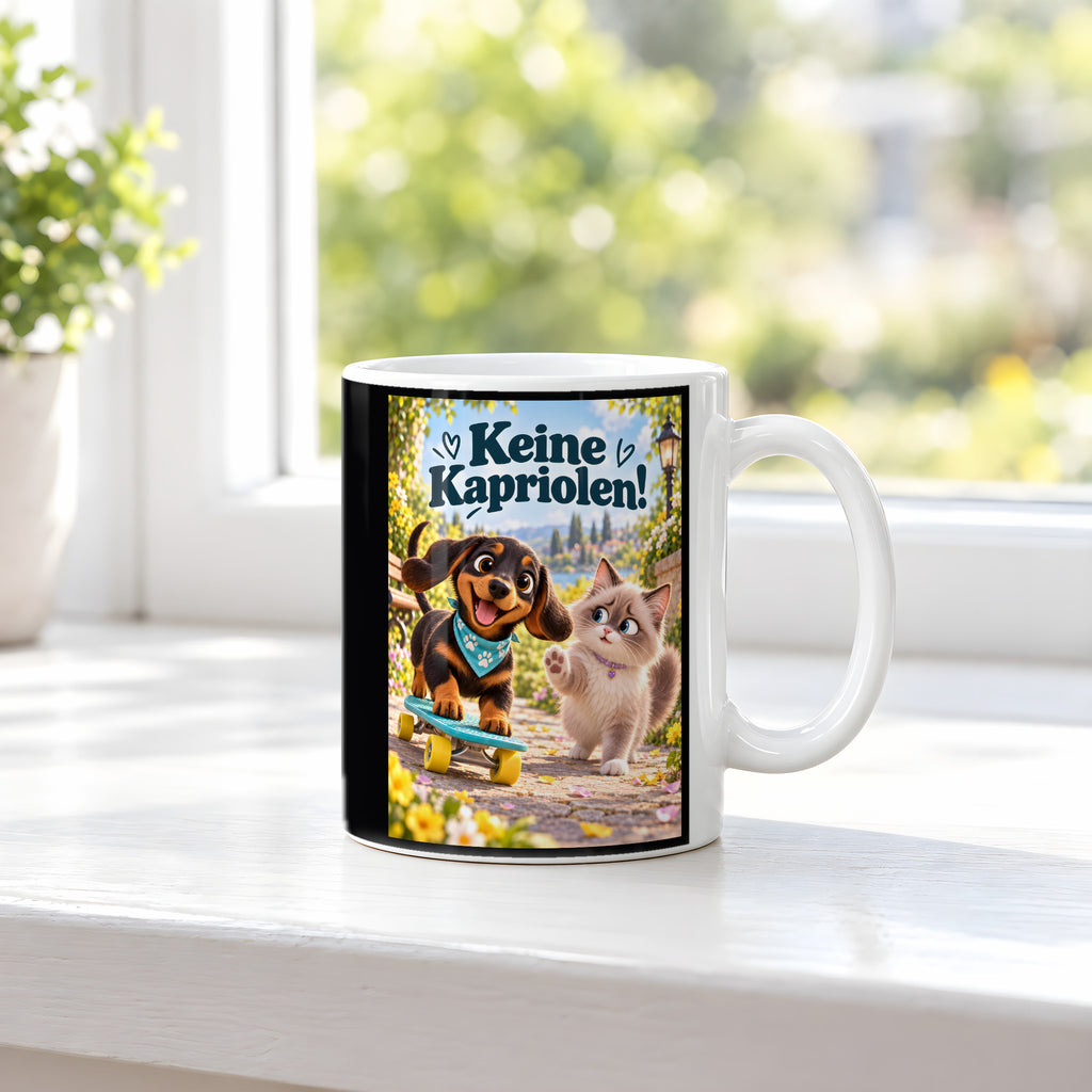 Kleiner Rollbrettheld – Dackeltasse mit Spruch. Spruch: Keine Kapriolen! Beidseitige Motivansicht. 3 FENSTER. Weiß.