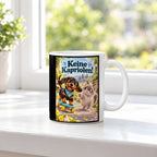 Kleiner Rollbrettheld – Dackeltasse mit Spruch. Spruch: Keine Kapriolen! Beidseitige Motivansicht. 3 FENSTER. Weiß.