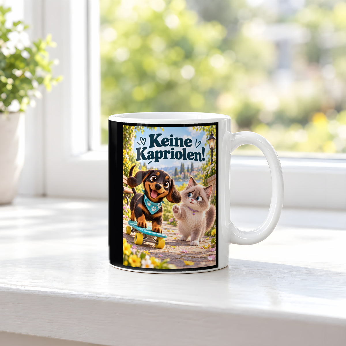 Kleiner Rollbrettheld – Dackeltasse mit Spruch. Spruch: Keine Kapriolen! Beidseitige Motivansicht. 3 FENSTER. Weiß.