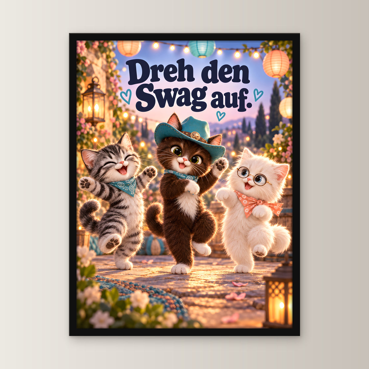 Kleine Tanzcrew – Gerahmtes Katzenbild – Frontalansicht im schwarzen Holzrahmen, ohne Passepartout; M 30×40, L 45×60 und XL 60×80 cm.