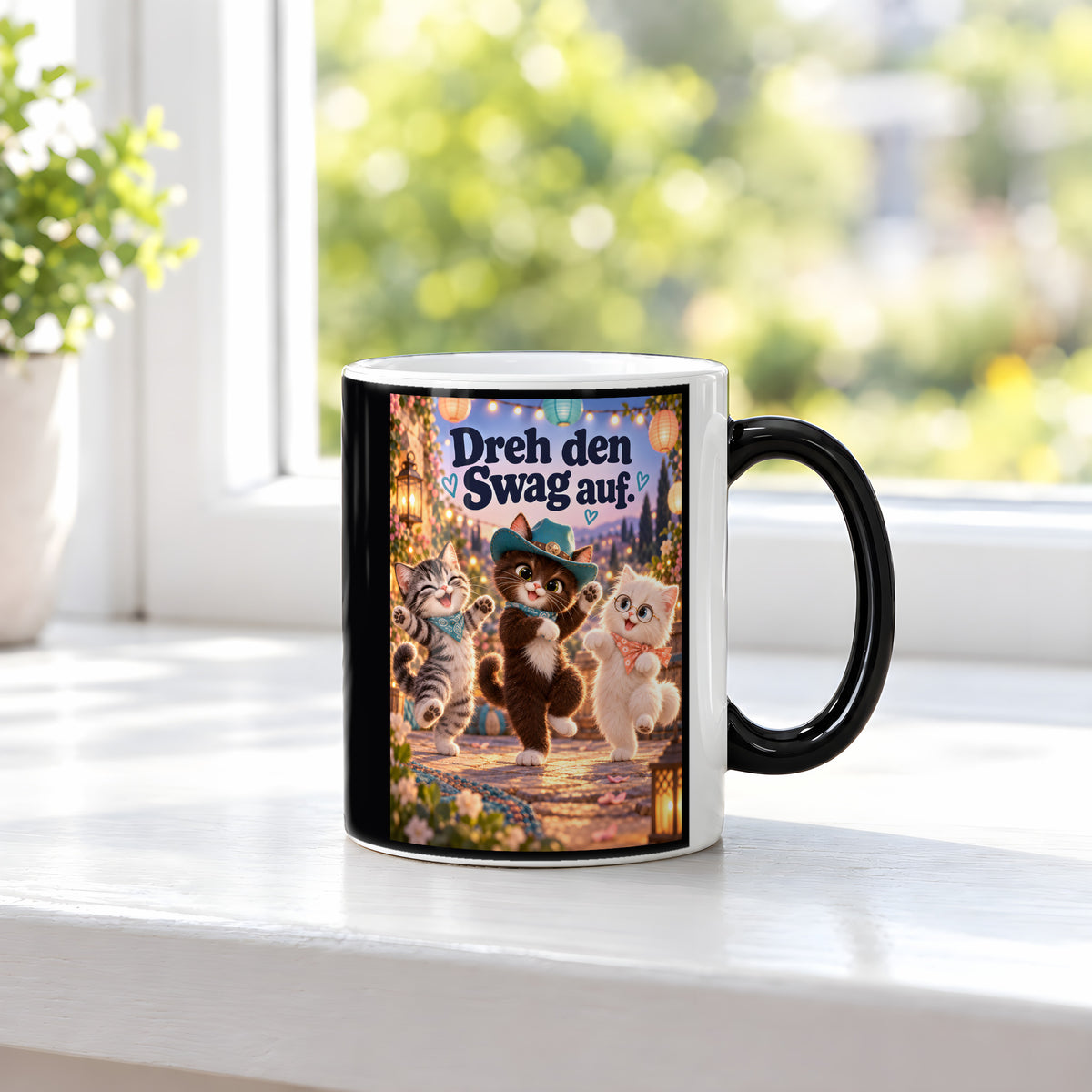 Kleine Tanzcrew – Katzentasse mit Spruch. Spruch: Dreh den Swag auf. Beidseitige Motivansicht. 3 FENSTER HEISS. Zaubertasse: Wärmeeffekt.