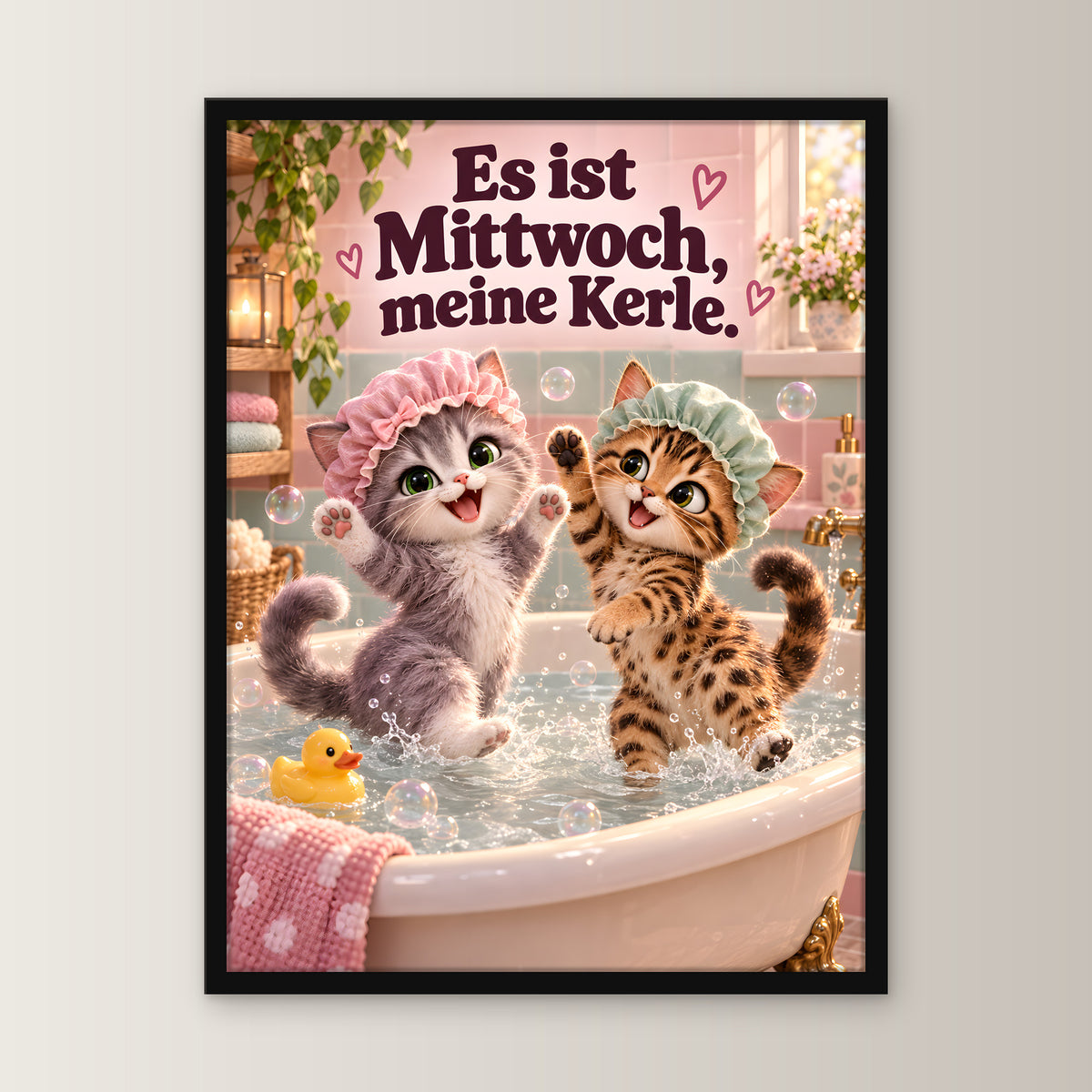 Badeparty – Gerahmtes Katzenbild – Frontalansicht im schwarzen Holzrahmen, ohne Passepartout; M 30×40, L 45×60 und XL 60×80 cm.