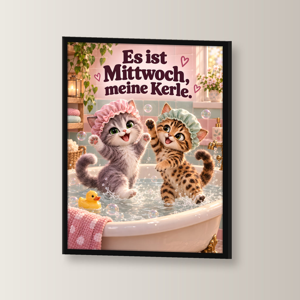Badeparty – Gerahmtes Katzenbild. Spruch: Es ist Mittwoch, meine Kerle. Schwarzer Rahmen ohne Passepartout. 2 WINKEL. 30×40 cm.