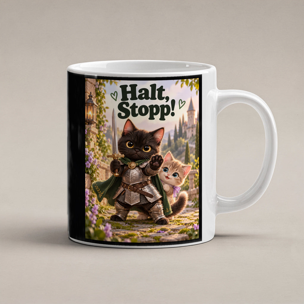 Tapferer Samtpfotenritter – Katzentasse mit Spruch. Spruch: Halt, Stopp! Beidseitige Motivansicht. 1 STUDIO. Weiß.