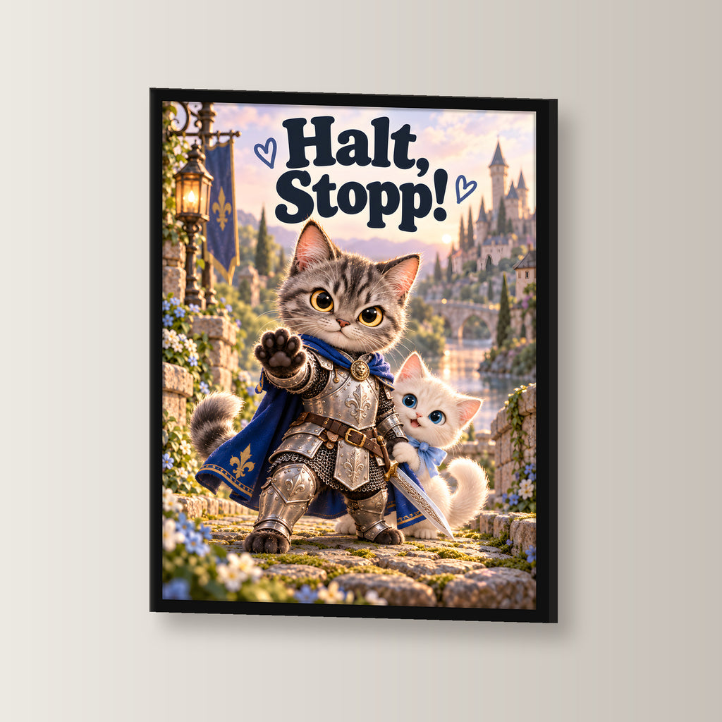 Kleiner Beschützer – Gerahmtes Katzenbild. Spruch: Halt, Stopp! Schwarzer Rahmen ohne Passepartout. 2 WINKEL. 30×40 cm.