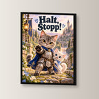 Kleiner Beschützer – Gerahmtes Katzenbild. Spruch: Halt, Stopp! Schwarzer Rahmen ohne Passepartout. 2 WINKEL. 30×40 cm.