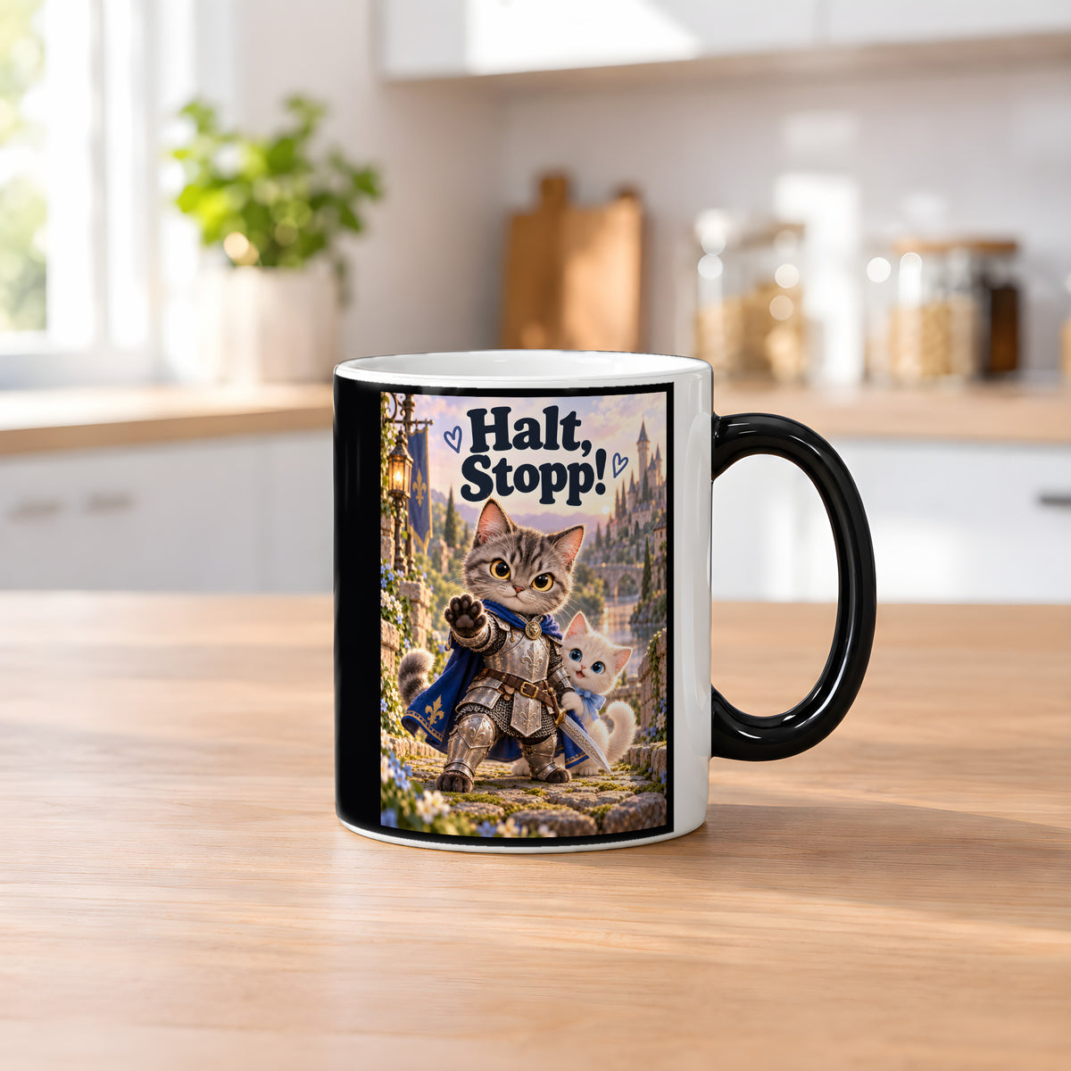 Kleiner Beschützer – Katzentasse mit Spruch. Spruch: Halt, Stopp! Beidseitige Motivansicht. 2 KUECHE HEISS. Zaubertasse: Wärmeeffekt.