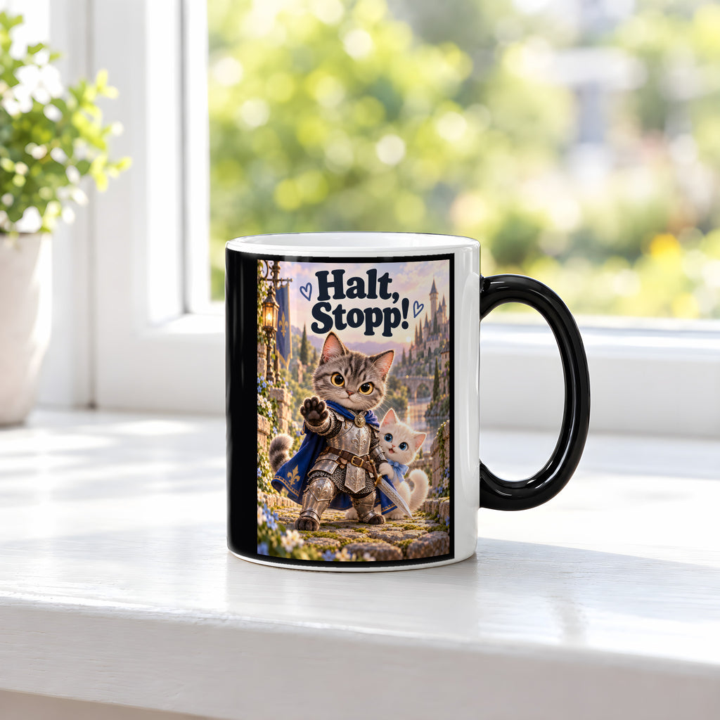 Kleiner Beschützer – Katzentasse mit Spruch. Spruch: Halt, Stopp! Beidseitige Motivansicht. 3 FENSTER HEISS. Zaubertasse: Wärmeeffekt.