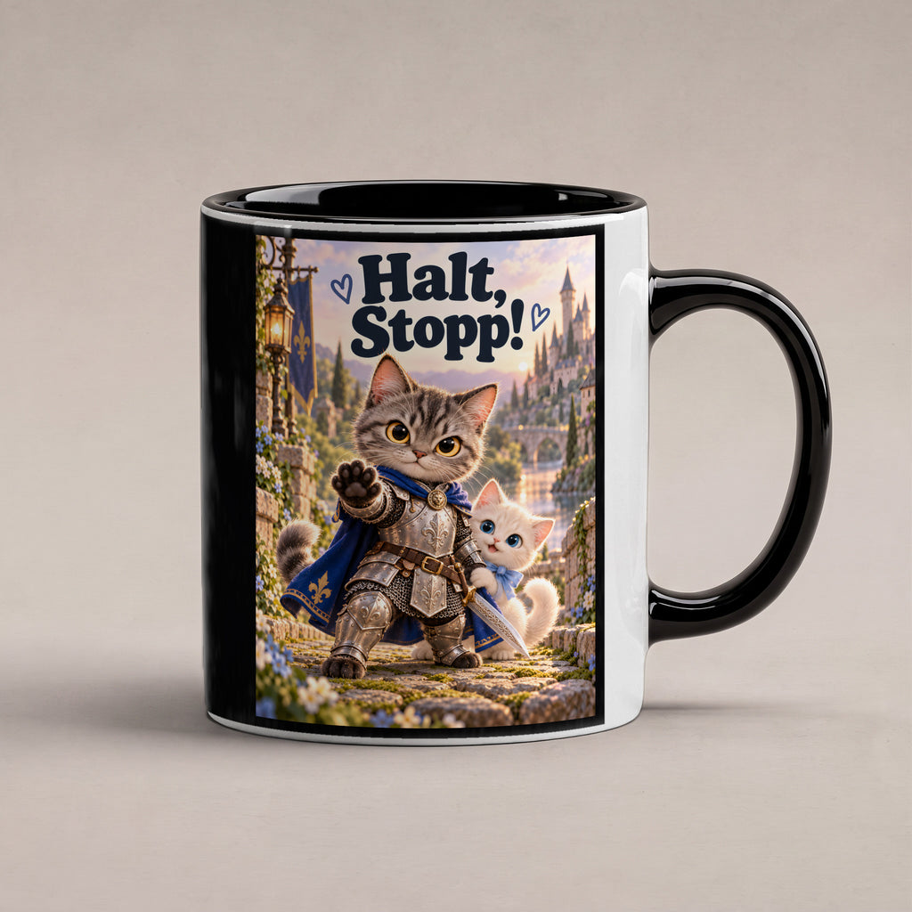 Kleiner Beschützer – Katzentasse mit Spruch. Spruch: Halt, Stopp! Beidseitige Motivansicht. 1 STUDIO. Innen schwarz.
