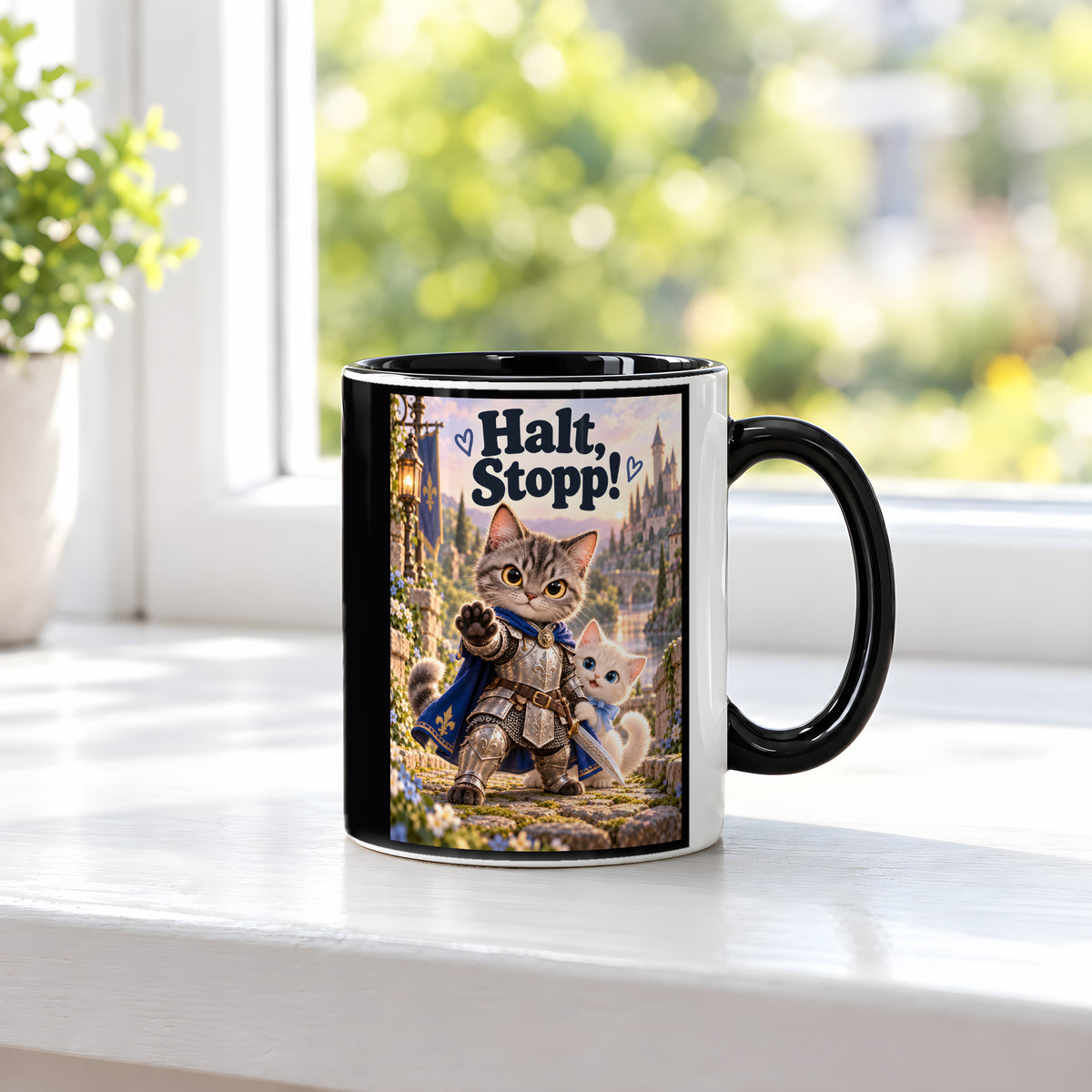 Kleiner Beschützer – Katzentasse mit Spruch. Spruch: Halt, Stopp! Beidseitige Motivansicht. 3 FENSTER. Innen schwarz.