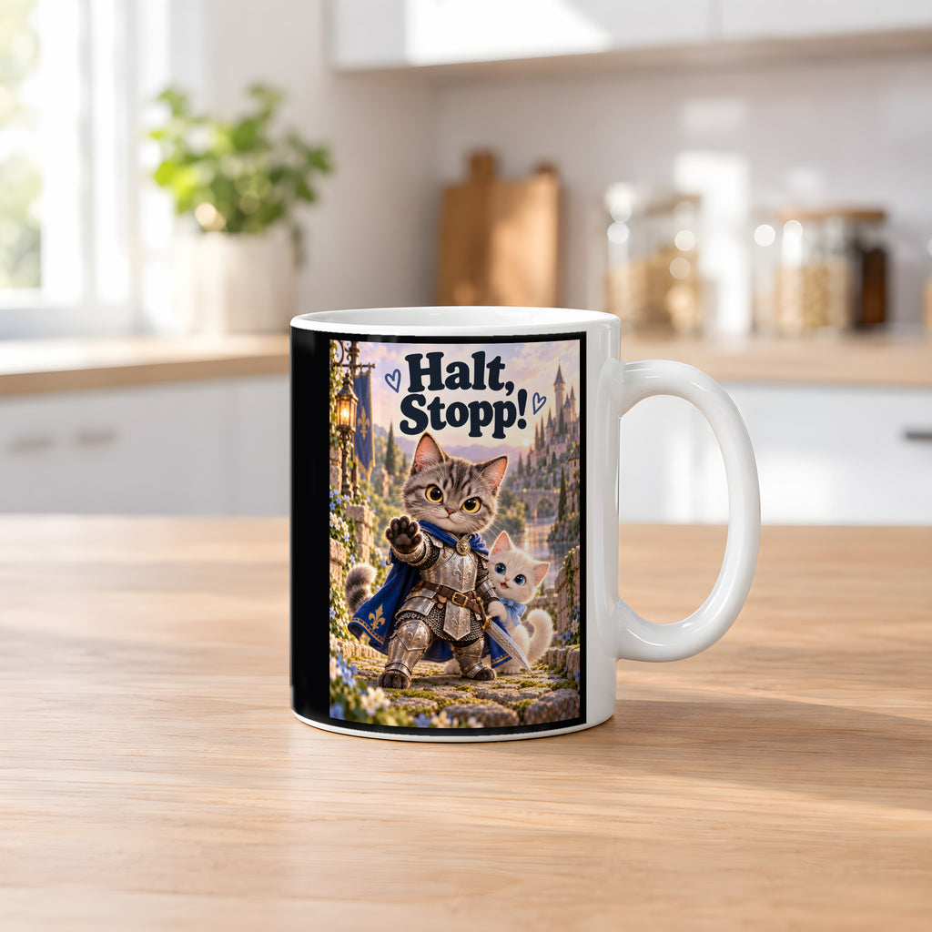 Kleiner Beschützer – Katzentasse mit Spruch. Spruch: Halt, Stopp! Beidseitige Motivansicht. 2 KUECHE. Weiß.