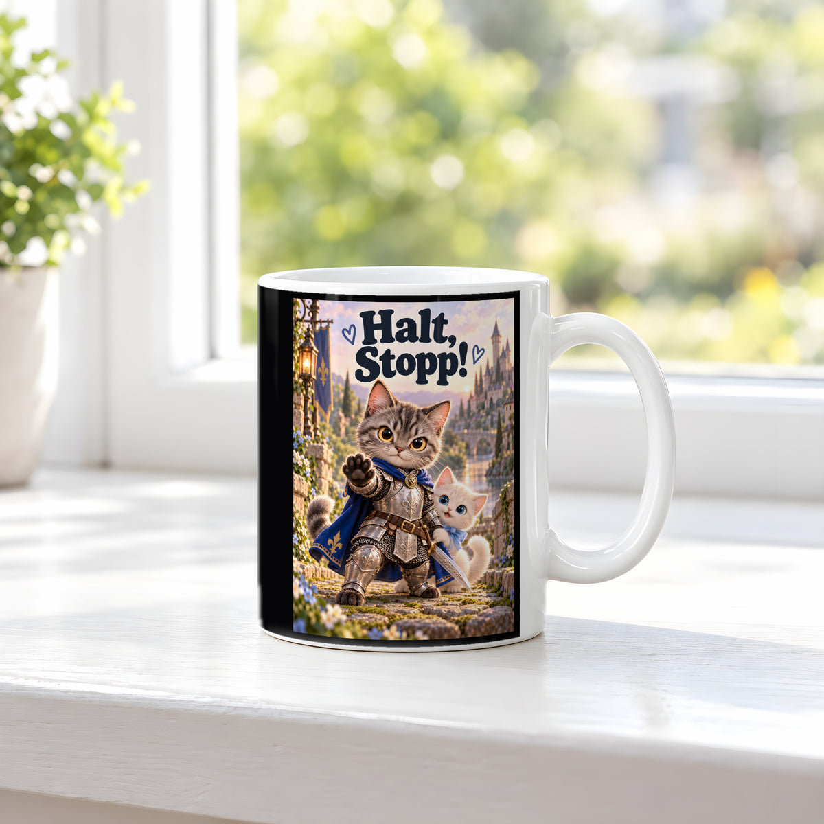 Kleiner Beschützer – Katzentasse mit Spruch. Spruch: Halt, Stopp! Beidseitige Motivansicht. 3 FENSTER. Weiß.