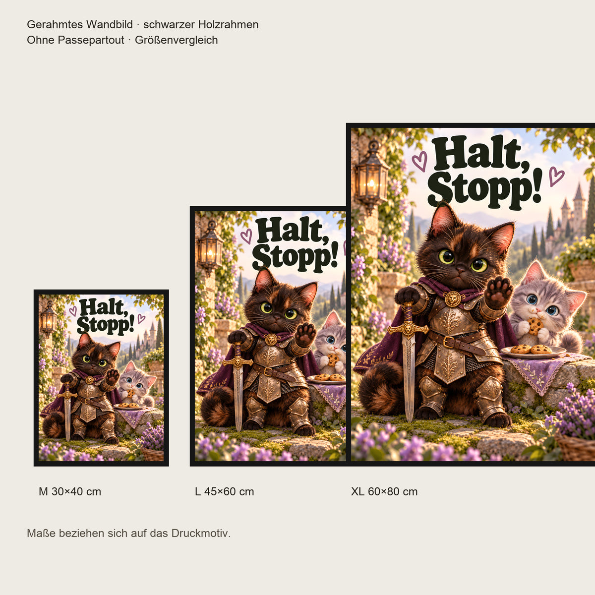 Frecher Kekswächter – Gerahmtes Katzenbild. Spruch: Halt, Stopp! Schwarzer Rahmen ohne Passepartout. 5 GROESSEN. M 30×40, L45×60, XL60×80 cm.