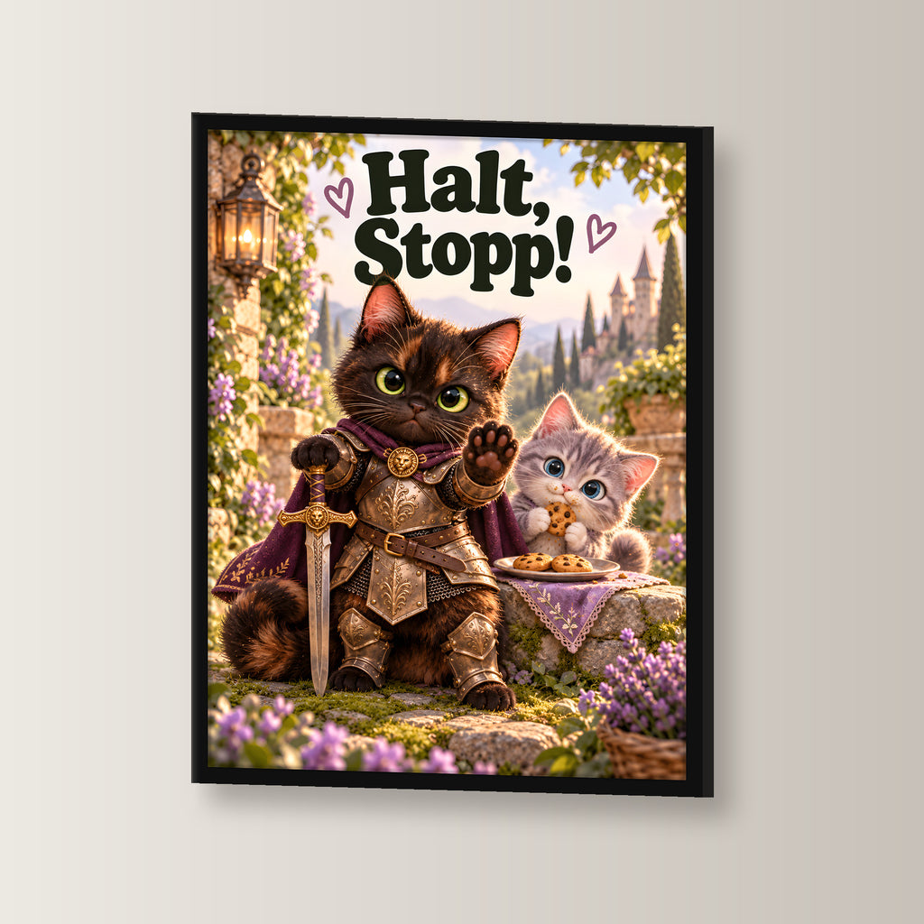 Frecher Kekswächter – Gerahmtes Katzenbild. Spruch: Halt, Stopp! Schwarzer Rahmen ohne Passepartout. 2 WINKEL. 30×40 cm.