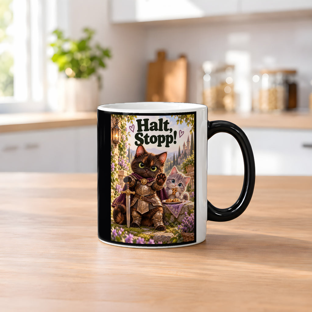 Frecher Kekswächter – Katzentasse mit Spruch. Spruch: Halt, Stopp! Beidseitige Motivansicht. 2 KUECHE HEISS. Zaubertasse: Wärmeeffekt.