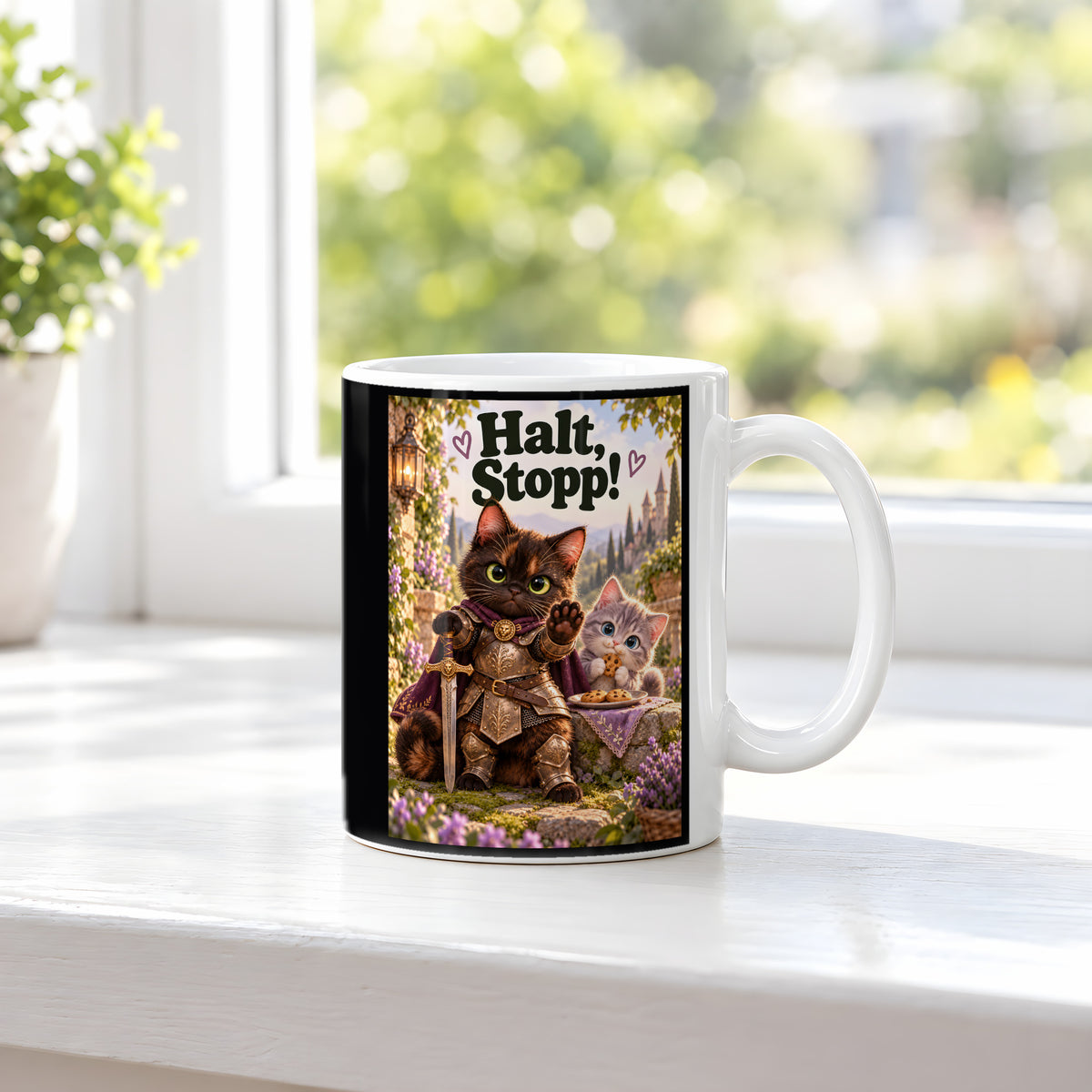 Frecher Kekswächter – Katzentasse mit Spruch. Spruch: Halt, Stopp! Beidseitige Motivansicht. 3 FENSTER. Weiß.