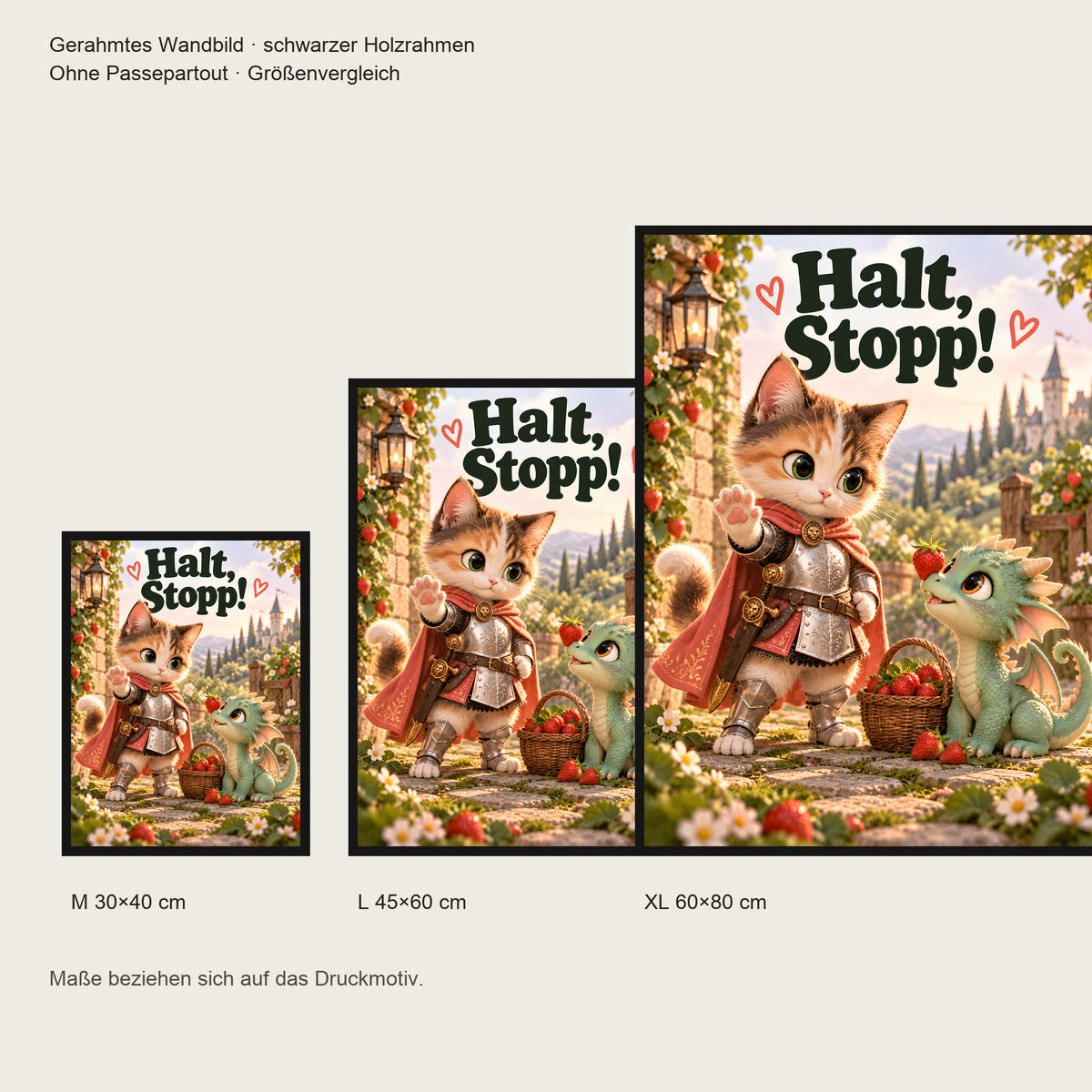 Mut trifft Drachenbaby – Gerahmtes Katzenbild. Spruch: Halt, Stopp! Schwarzer Rahmen ohne Passepartout. 5 GROESSEN. M 30×40, L45×60, XL60×80 cm.