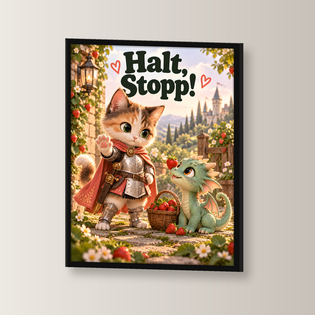 Mut trifft Drachenbaby – Gerahmtes Katzenbild. Spruch: Halt, Stopp! Schwarzer Rahmen ohne Passepartout. 2 WINKEL. 30×40 cm.