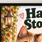 Mut trifft Drachenbaby – Gerahmtes Katzenbild. Spruch: Halt, Stopp! Schwarzer Rahmen ohne Passepartout. 4 RAHMENDETAIL. 30×40 cm.