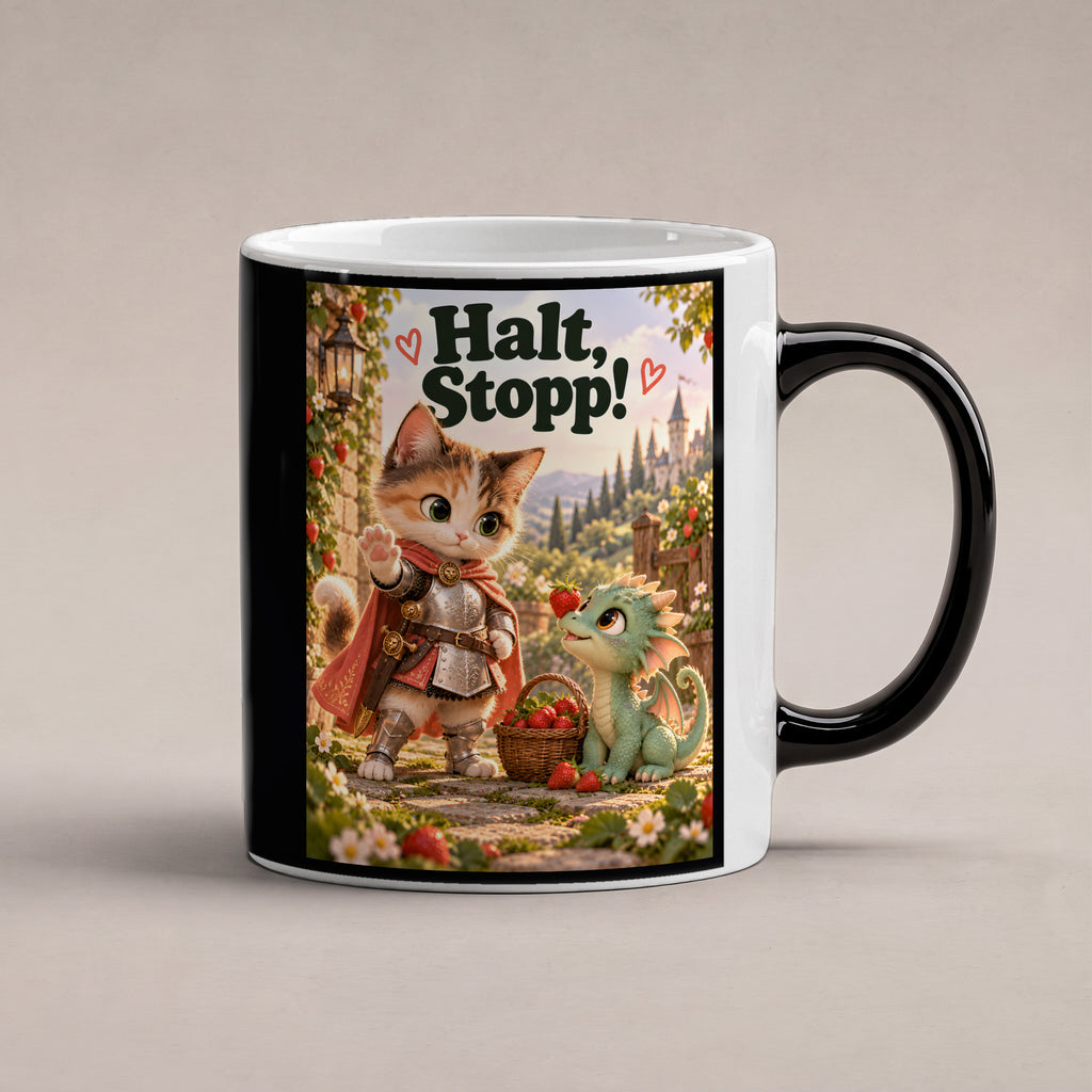 Mut trifft Drachenbaby – Katzentasse mit Spruch. Spruch: Halt, Stopp! Beidseitige Motivansicht. 1 STUDIO HEISS. Zaubertasse: Wärmeeffekt.