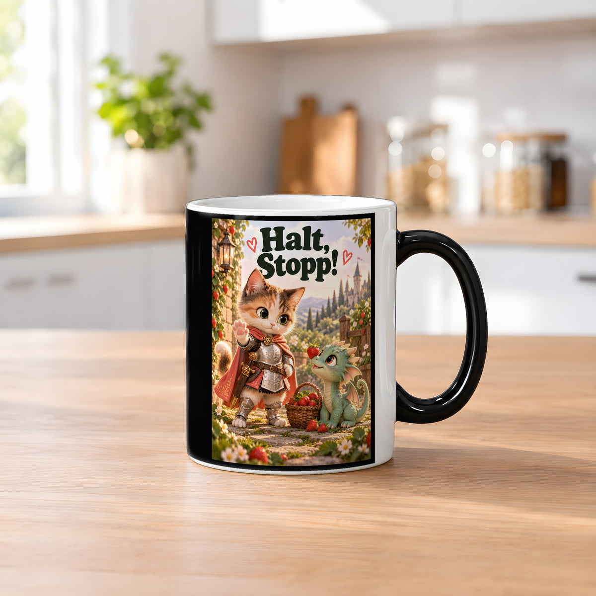 Mut trifft Drachenbaby – Katzentasse mit Spruch. Spruch: Halt, Stopp! Beidseitige Motivansicht. 2 KUECHE HEISS. Zaubertasse: Wärmeeffekt.