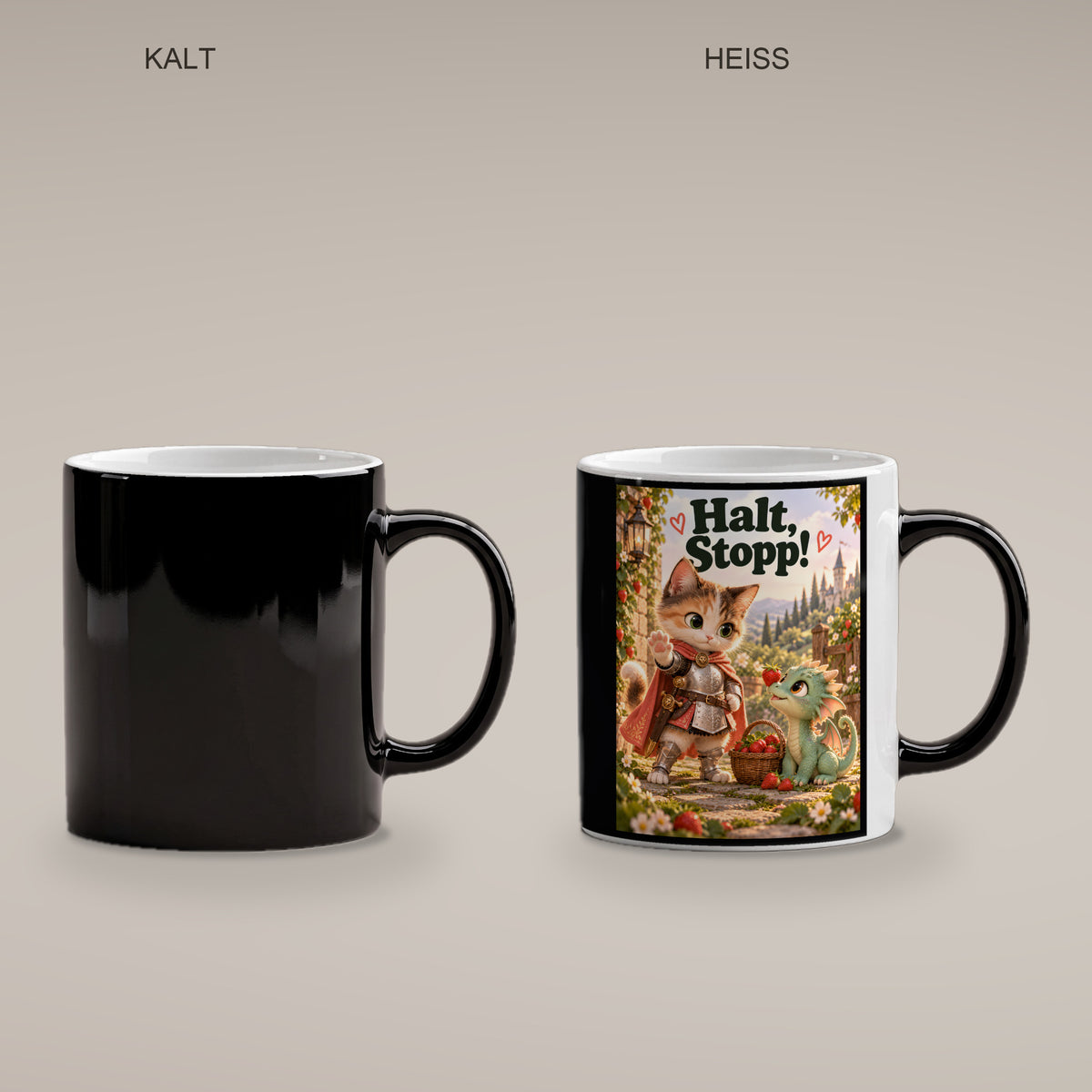 Mut trifft Drachenbaby – Katzentasse mit Spruch. Spruch: Halt, Stopp! Beidseitige Motivansicht. 4 PAAR KALT HEISS. Zaubertasse: Wärmeeffekt.