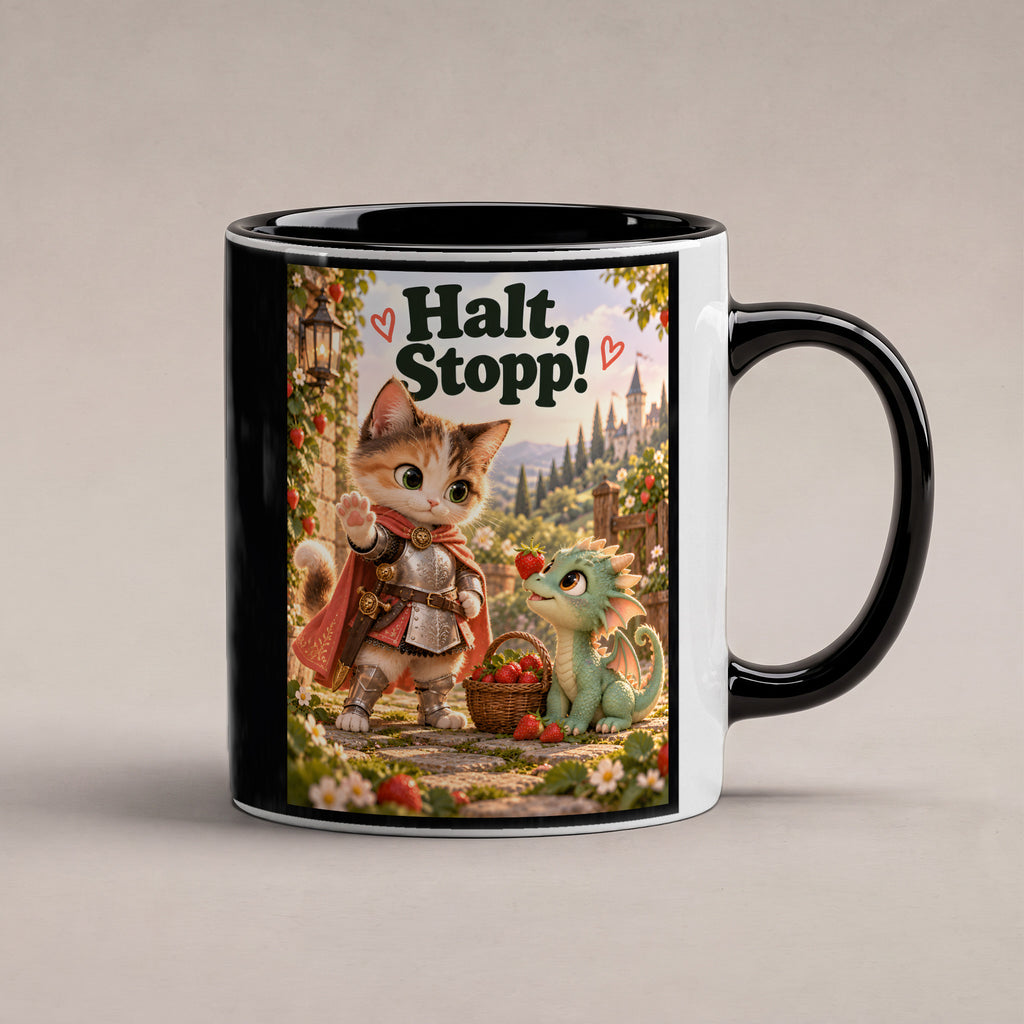 Mut trifft Drachenbaby – Katzentasse mit Spruch. Spruch: Halt, Stopp! Beidseitige Motivansicht. 1 STUDIO. Innen schwarz.