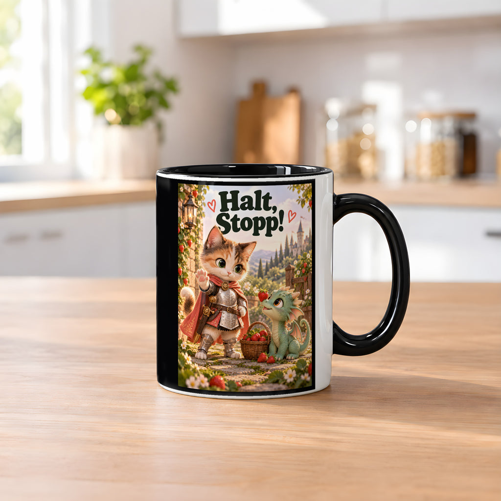 Mut trifft Drachenbaby – Katzentasse mit Spruch. Spruch: Halt, Stopp! Beidseitige Motivansicht. 2 KUECHE. Innen schwarz.