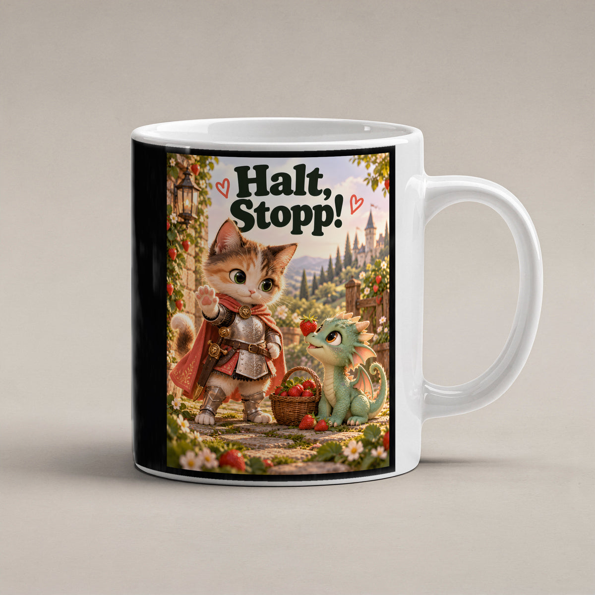 Mut trifft Drachenbaby – Katzentasse mit Spruch. Spruch: Halt, Stopp! Beidseitige Motivansicht. 1 STUDIO. Weiß.