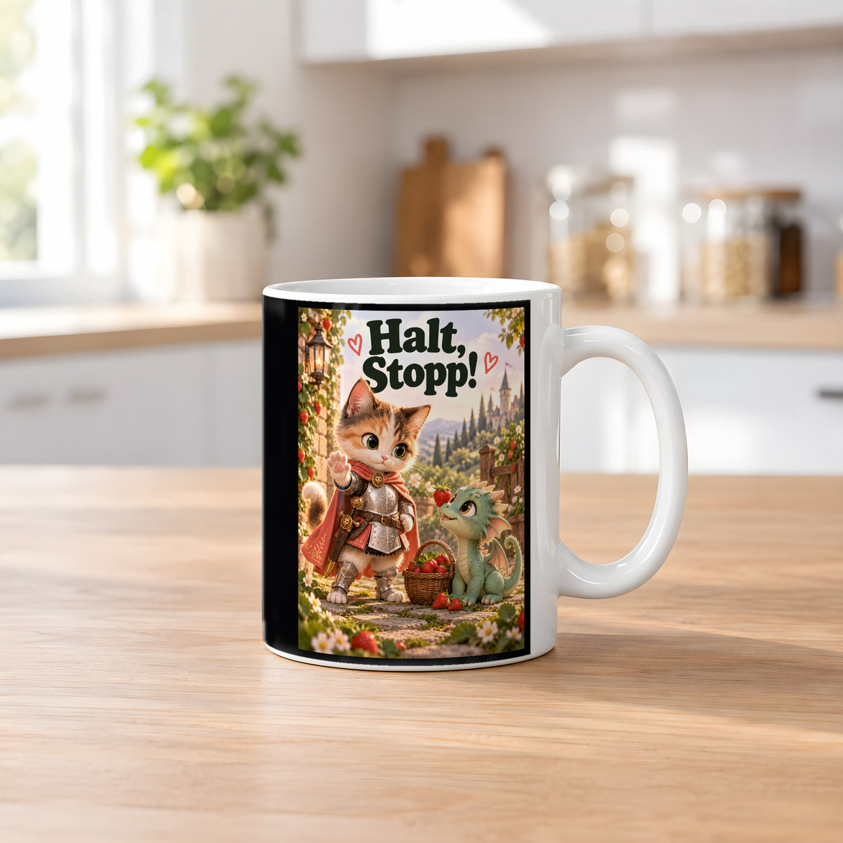 Mut trifft Drachenbaby – Katzentasse mit Spruch. Spruch: Halt, Stopp! Beidseitige Motivansicht. 2 KUECHE. Weiß.