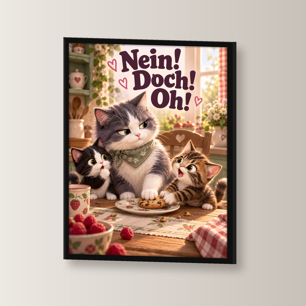 Mama hat das letzte Wort – Gerahmtes Katzenbild. Spruch: Nein! Doch! Oh! Schwarzer Rahmen ohne Passepartout. 2 WINKEL. 30×40 cm.