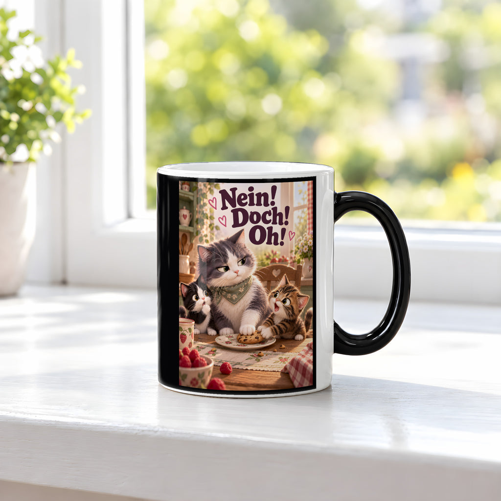 Mama hat das letzte Wort – Katzentasse mit Spruch. Spruch: Nein! Doch! Oh! Beidseitige Motivansicht. 3 FENSTER HEISS. Zaubertasse: Wärmeeffekt.