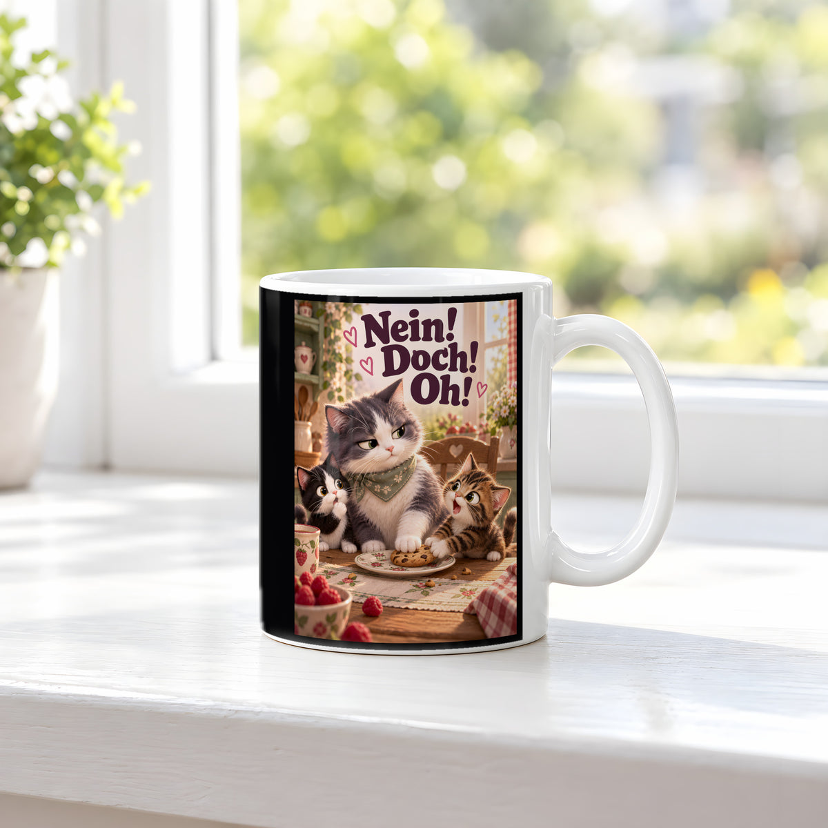 Mama hat das letzte Wort – Katzentasse mit Spruch. Spruch: Nein! Doch! Oh! Beidseitige Motivansicht. 3 FENSTER. Weiß.