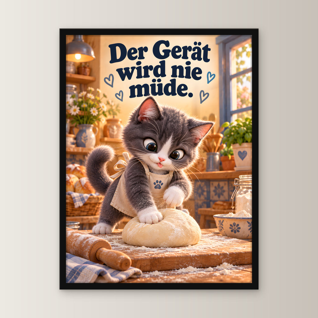 Teigknetmeister – Gerahmtes Katzenbild – Frontalansicht im schwarzen Holzrahmen, ohne Passepartout; M 30×40, L 45×60 und XL 60×80 cm.