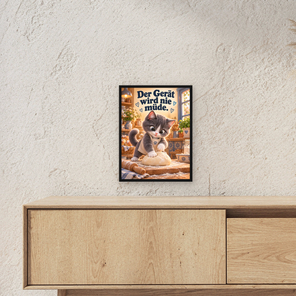 Teigknetmeister – Gerahmtes Katzenbild. Spruch: Der Gerät wird nie müde. Schwarzer Rahmen ohne Passepartout. 3 RAUM 30x40cm. 30×40 cm.