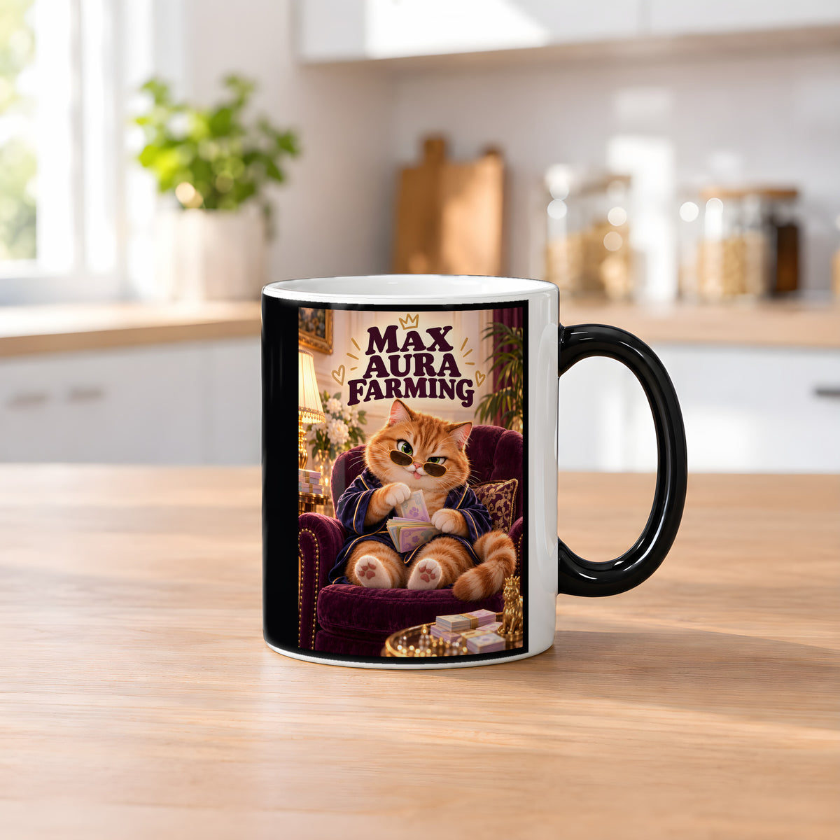 Kleiner Kassenboss – Katzentasse mit Spruch. Spruch: MAX AURA FARMING Beidseitige Motivansicht. 2 KUECHE HEISS. Zaubertasse: Wärmeeffekt.