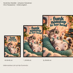 Frecher Zungenblick – Gerahmtes Katzenbild. Spruch: funk nonstop in her head Schwarzer Rahmen ohne Passepartout. 5 GROESSEN. M 30×40, L45×60, XL60×80 cm.