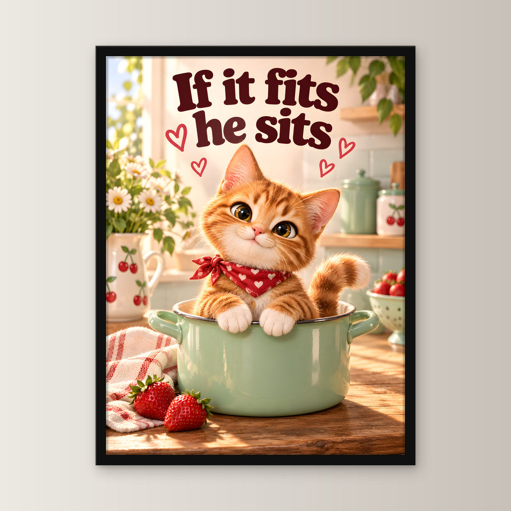 Topfbesetzer – Gerahmtes Katzenbild – Frontalansicht im schwarzen Holzrahmen, ohne Passepartout; M 30×40, L 45×60 und XL 60×80 cm.