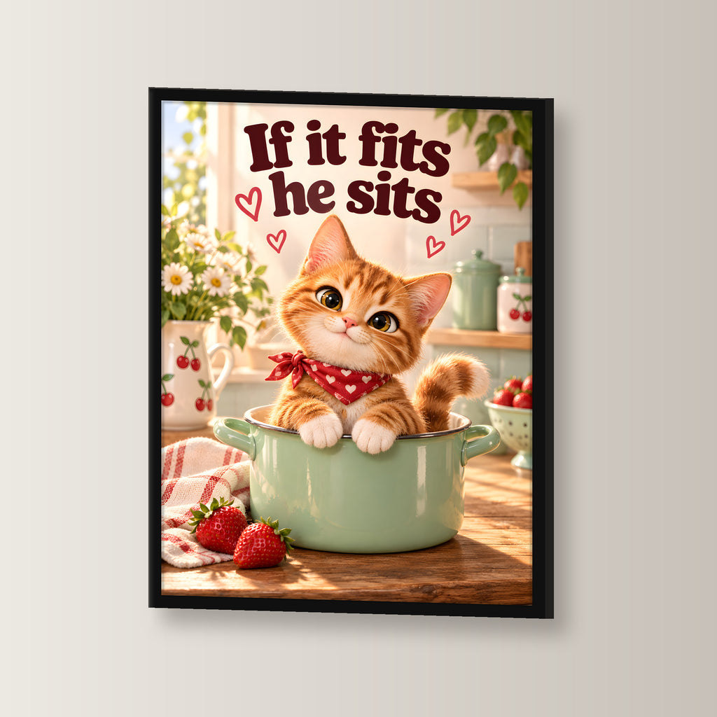 Topfbesetzer – Gerahmtes Katzenbild. Spruch: If it fits he sits Schwarzer Rahmen ohne Passepartout. 2 WINKEL. 30×40 cm.