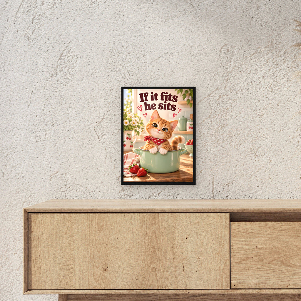 Topfbesetzer – Gerahmtes Katzenbild. Spruch: If it fits he sits Schwarzer Rahmen ohne Passepartout. 3 RAUM 30x40cm. 30×40 cm.