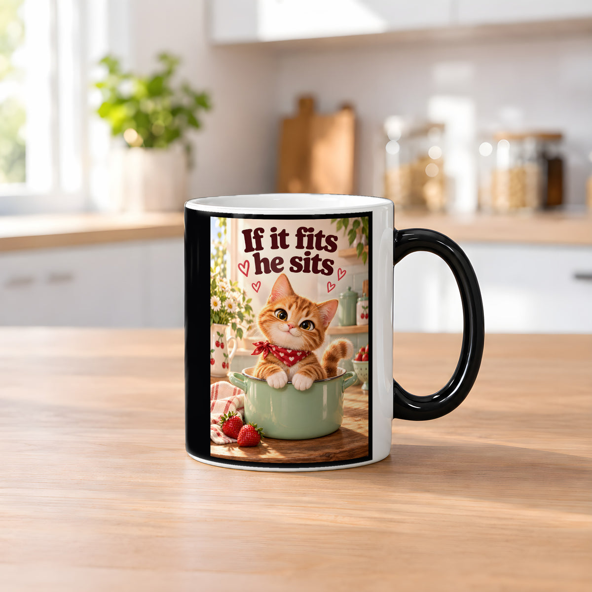 Topfbesetzer – Katzentasse mit Spruch. Spruch: If it fits he sits Beidseitige Motivansicht. 2 KUECHE HEISS. Zaubertasse: Wärmeeffekt.