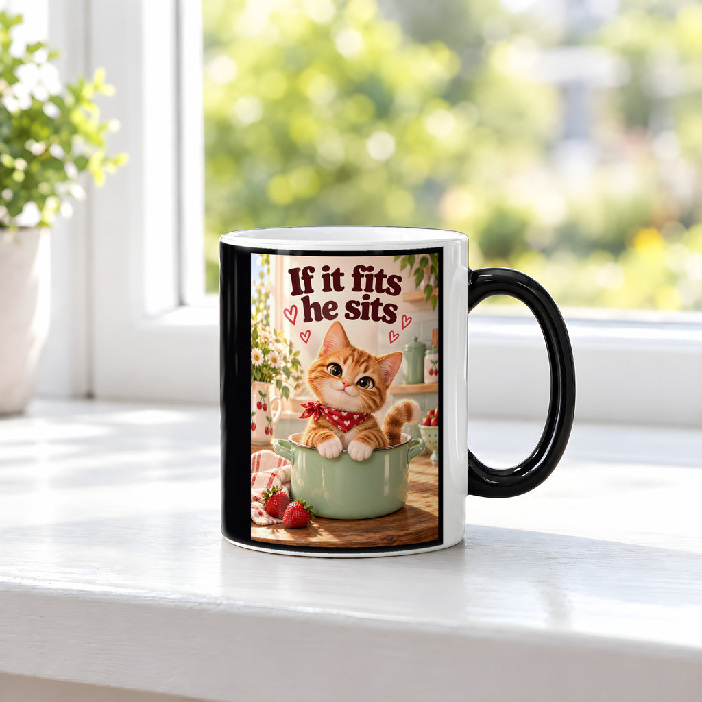 Topfbesetzer – Katzentasse mit Spruch. Spruch: If it fits he sits Beidseitige Motivansicht. 3 FENSTER HEISS. Zaubertasse: Wärmeeffekt.